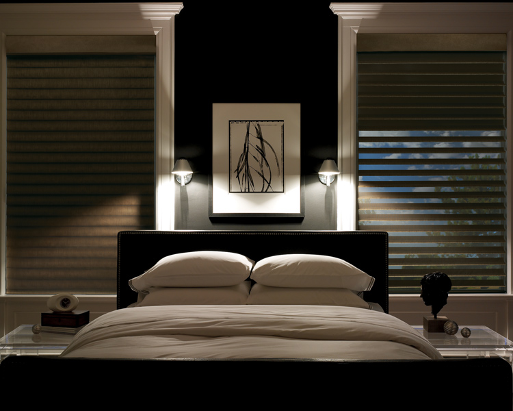 modern master bedroom with hunter douglas grey silhouette room darkening shades Reno 89523