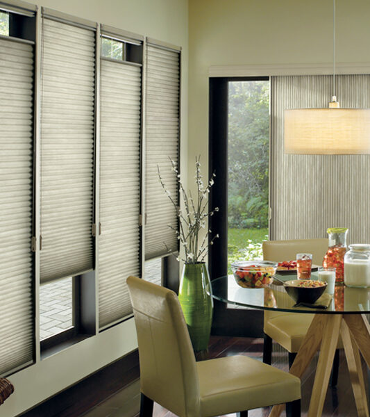 green dining room with hunter douglas top down bottom up duette honeycomb shades Reno