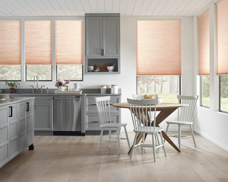 kitchen with grey counter and Hunter douglas pink duette honeycomb shades cordless blinds Reno