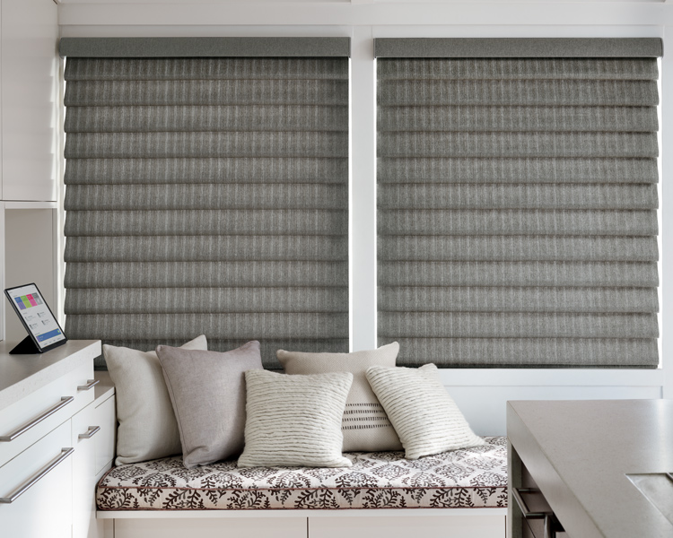 grey motorized vignette modern roman shades on large windows for insulating blinds by Hunter Douglas Reno