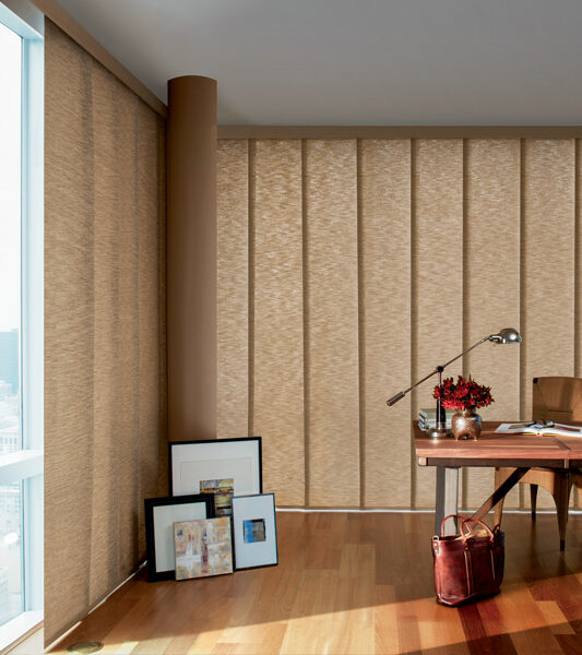 home office with tan Hunter Douglas skyline gliding window panels vertical blinds on large windows Reno