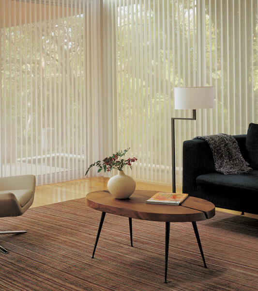 minimalistic living room with modern black sofa and luminette privacy sheer shades by hunter douglas on large windows in Reno