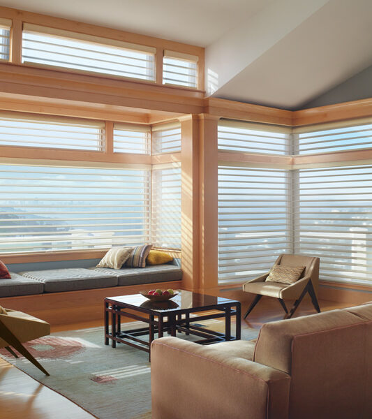 living room with hunter douglas silhouette shades on large floor to ceiling window Reno 89513