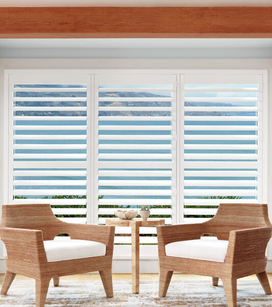 two chairs in front of large windows with white hunter douglas insulating plantation shutters Reno