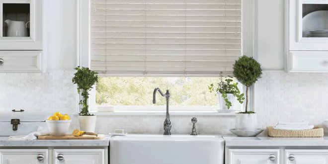 farmhouse window treatments faux wood blinds kitchen farmhouse sink Reno