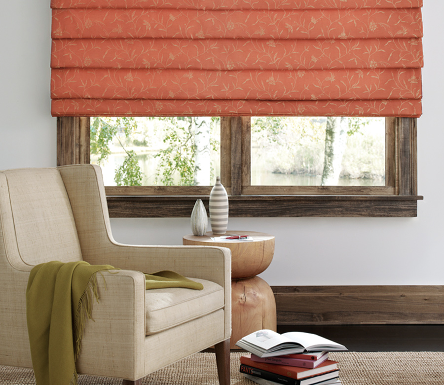 custom fabric roman shades in Reno living room