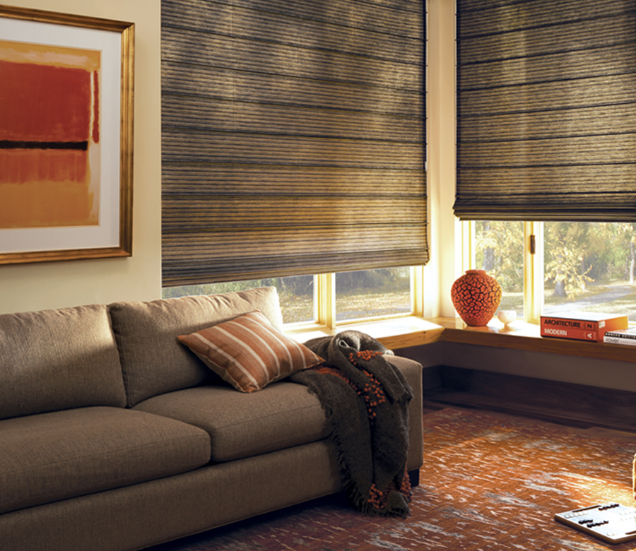 dark brown custom roman shades in Tahoe living room