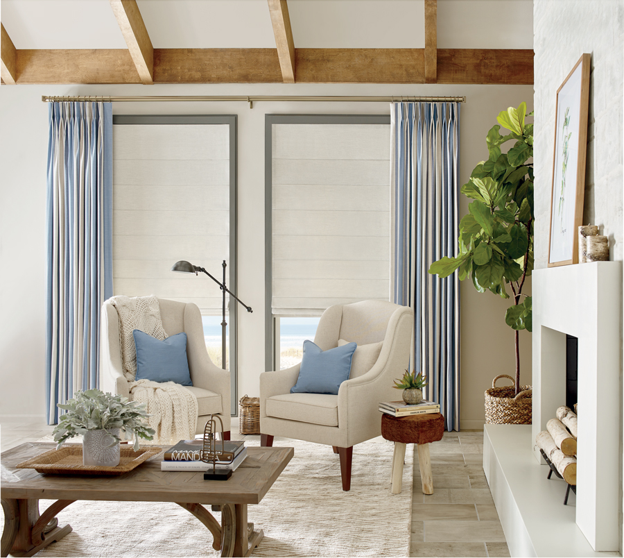 Layered Hunter Douglas Design Studio Window Treatments in Reno home.