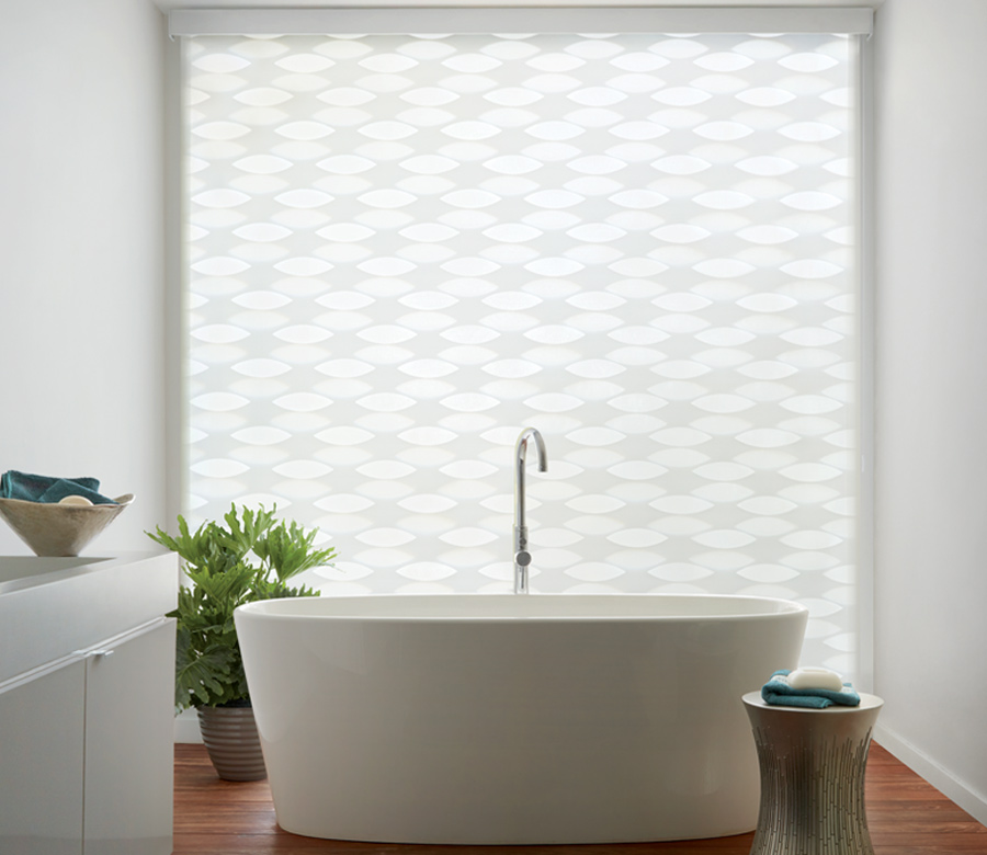 white banded shades in bathroom with geometric sheer shapes Incline Village NV