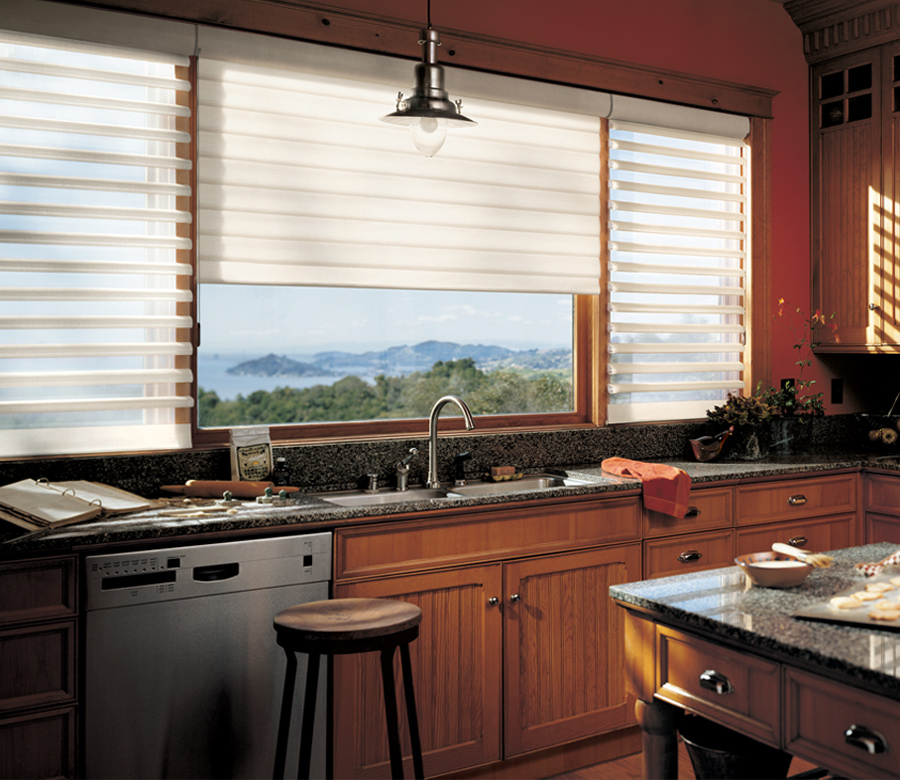 white window shades in kitchen overlooking the mountains Tahoe