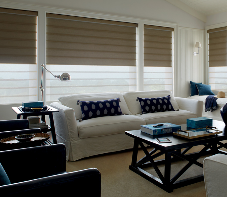 traditional living room with hunter douglas roman shades Reno