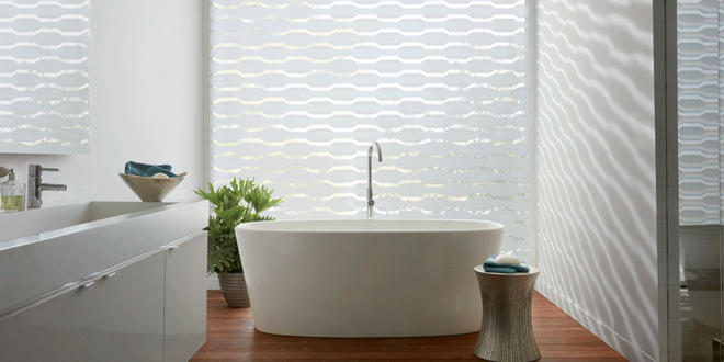white bathroom with geometric patterned shades on feature wall Reno NV