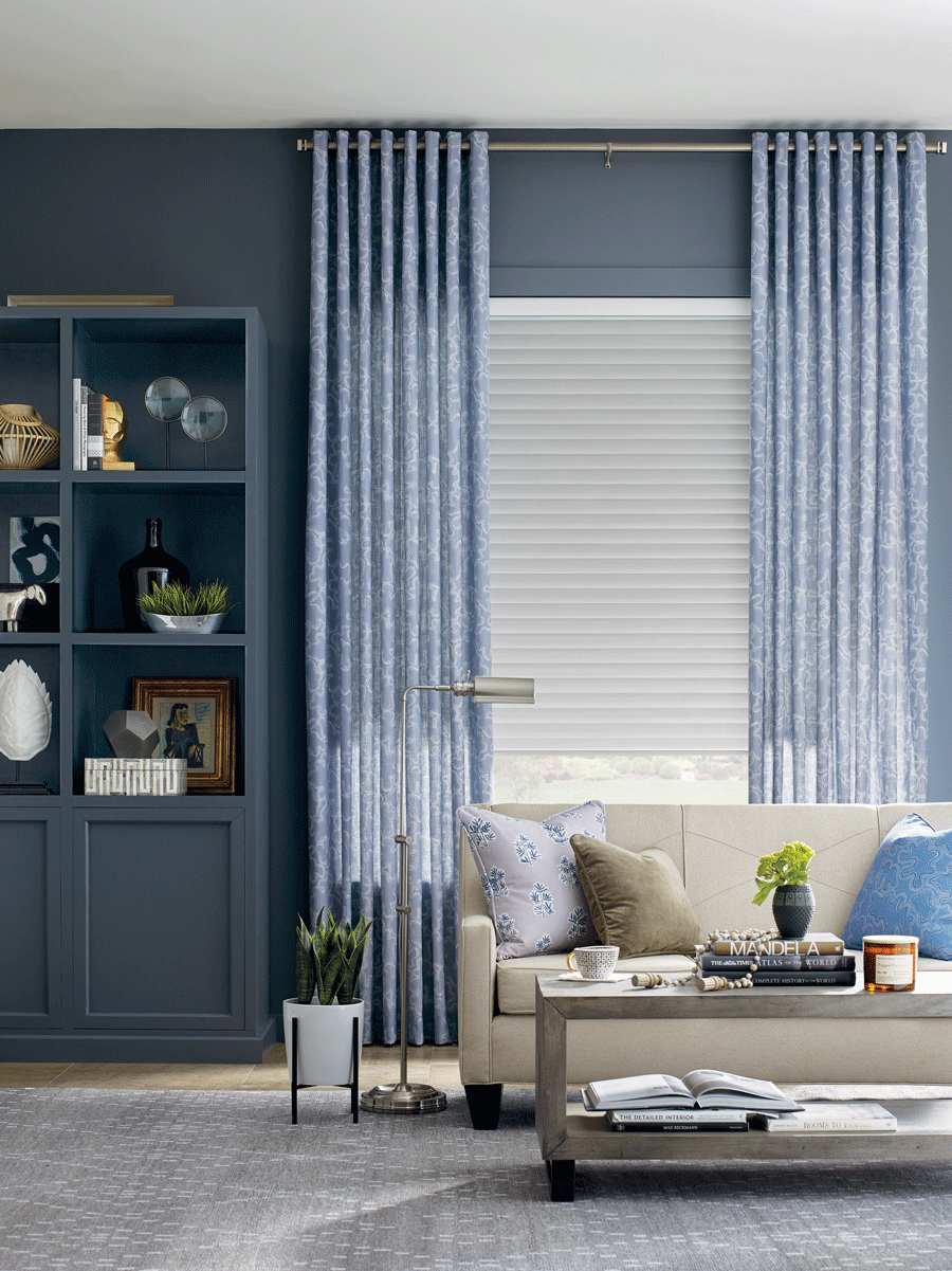living room drapery panels with white shades Reno NV