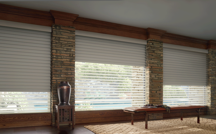 living room dual shade silhouette shades blue sky shutters and shades