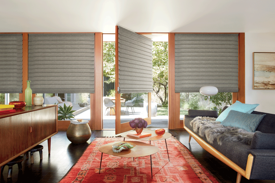 Rotating door with Vignette Modern Roman Shades.