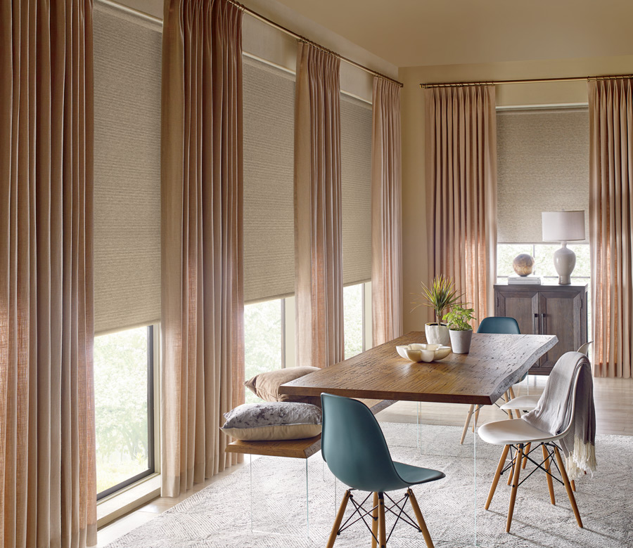 custom drapery panels with neutral roller shades Incline Village, NV