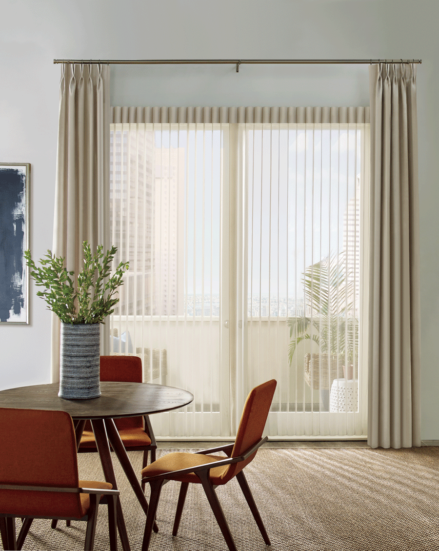 Luminette Privacy Sheers and side drapery panels on sliding door.