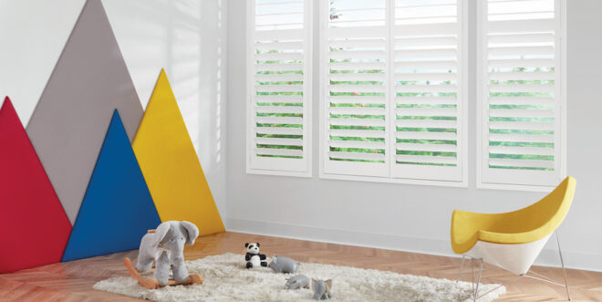 child safe window treatments are white plantation shutters in playroom in Reno NV