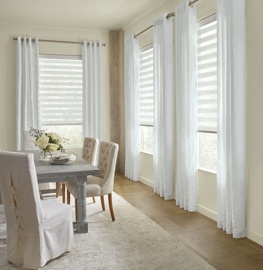 drapery layering neutral colors dining room reno