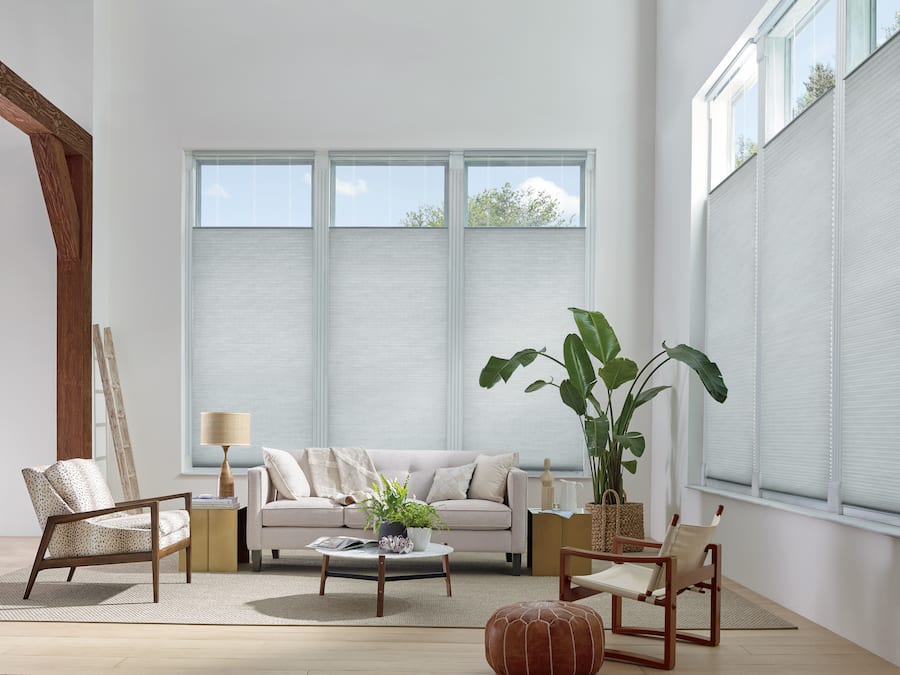 living room with energy efficient cellular shades