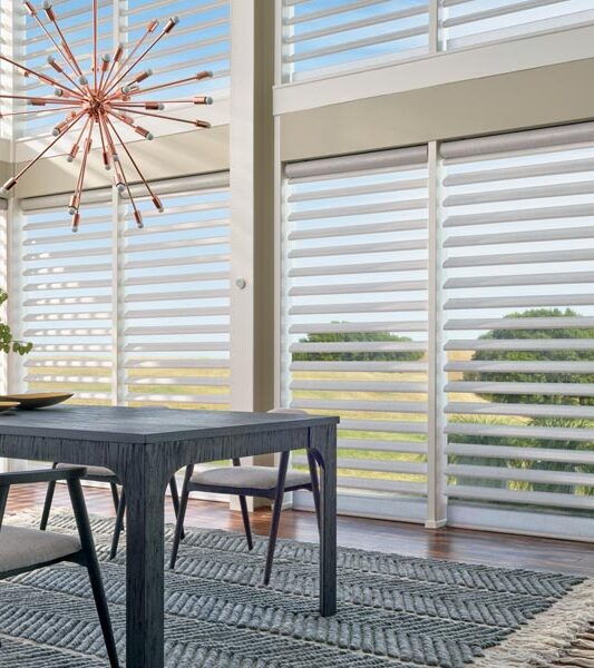 window treatments for large windows pirouette shades in dining room in Reno NV
