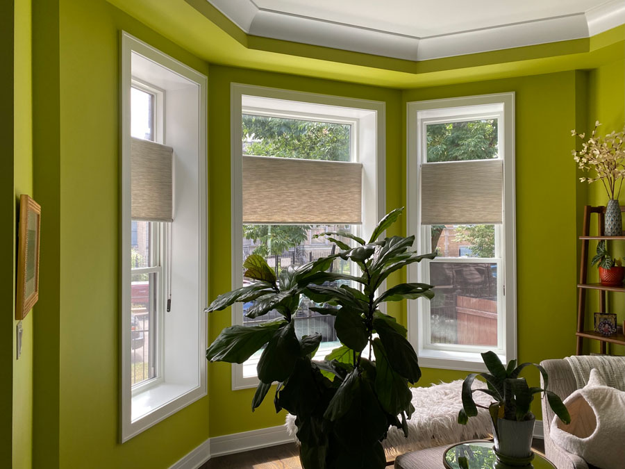 tricky bay window with inside mount shades in reno NV breakfast nook