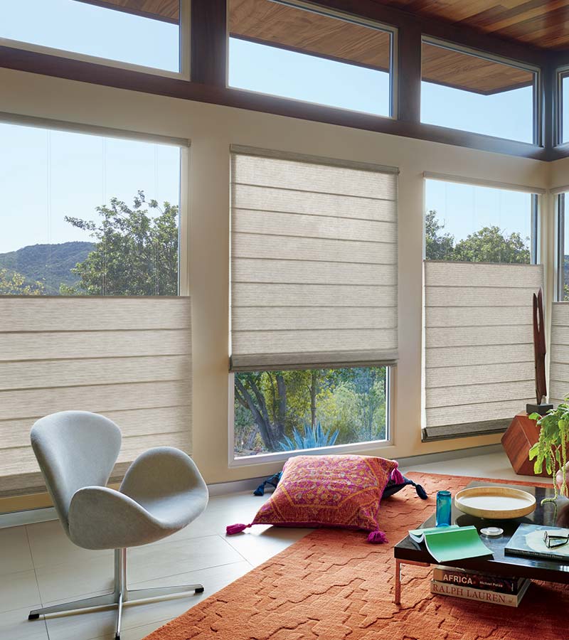 floor to ceiling windows in living room with woven shades in Incline Village NV