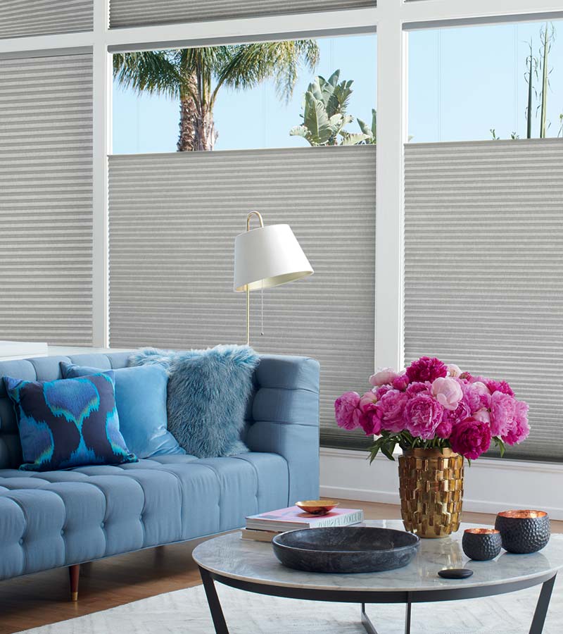 gray honeycomb shades in the top down position on large windows in Incline Village NV