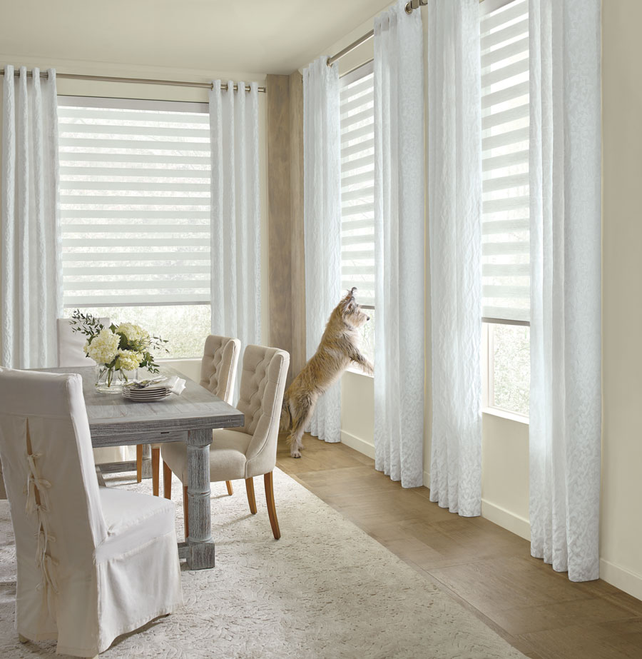 Designer banded shades as pet friendly window coverings