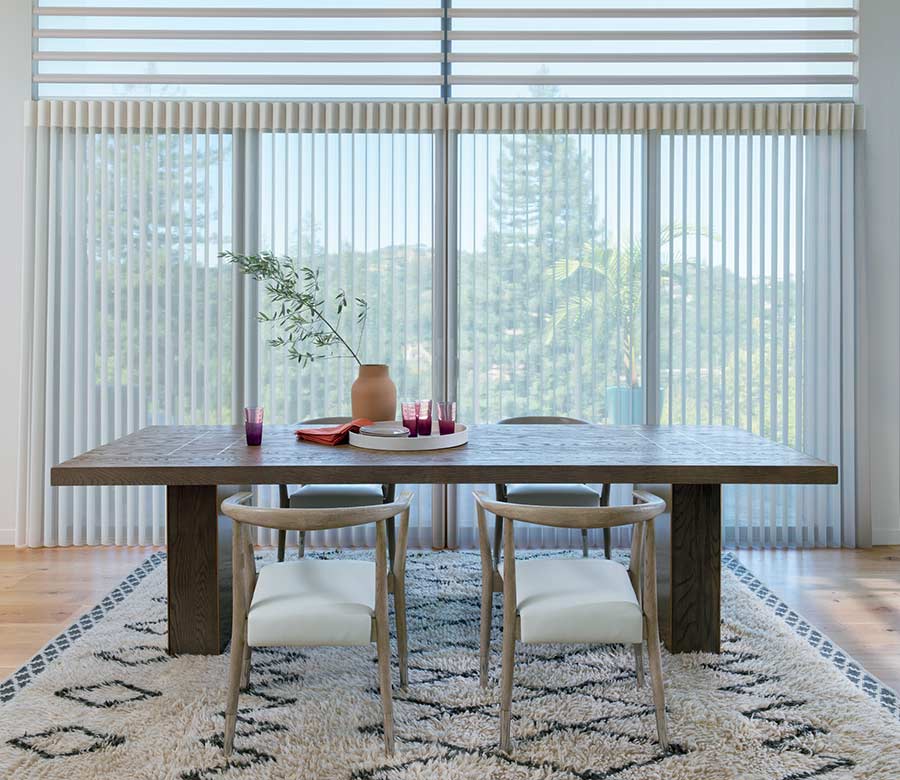 modern dining room with vertical privacy sheers large dining room table