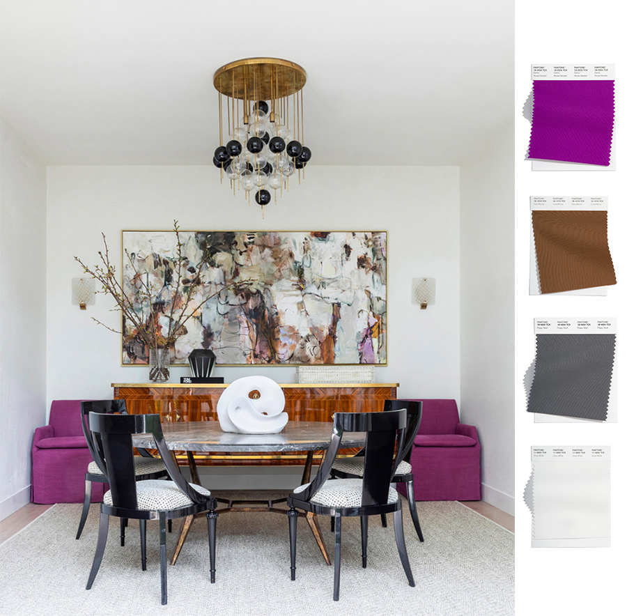 brown and fuchsia dining room with globe shaped pendant lighting