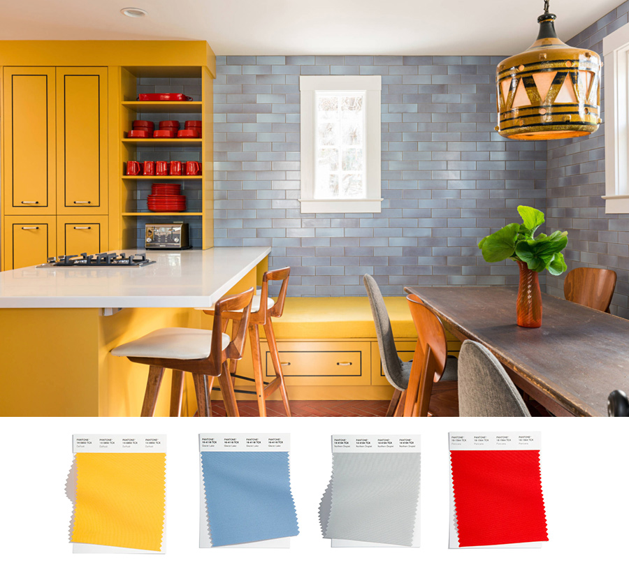 bright yellow cabinets, mosaic blue backsplash inspired by the upcoming color palette 2022