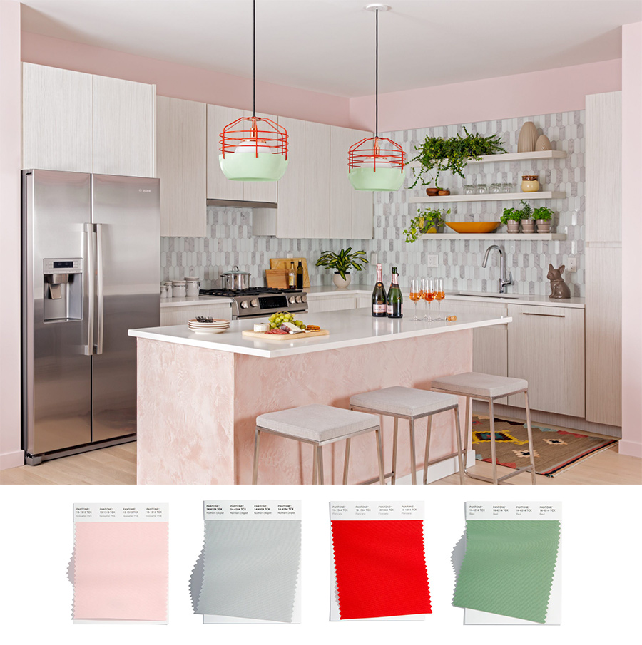 gossamer pink and light green kitchen inspired by pantone color of the year