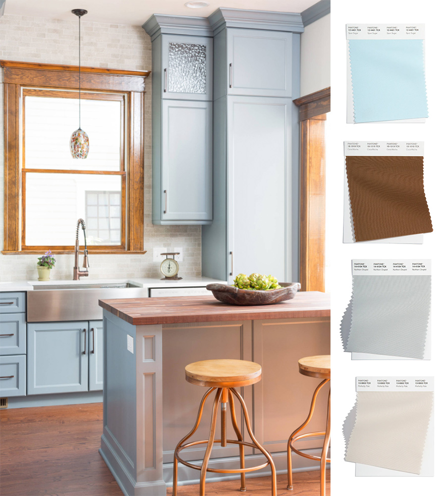 spun sugar blue cabinets and warm wood detailing in kitchen