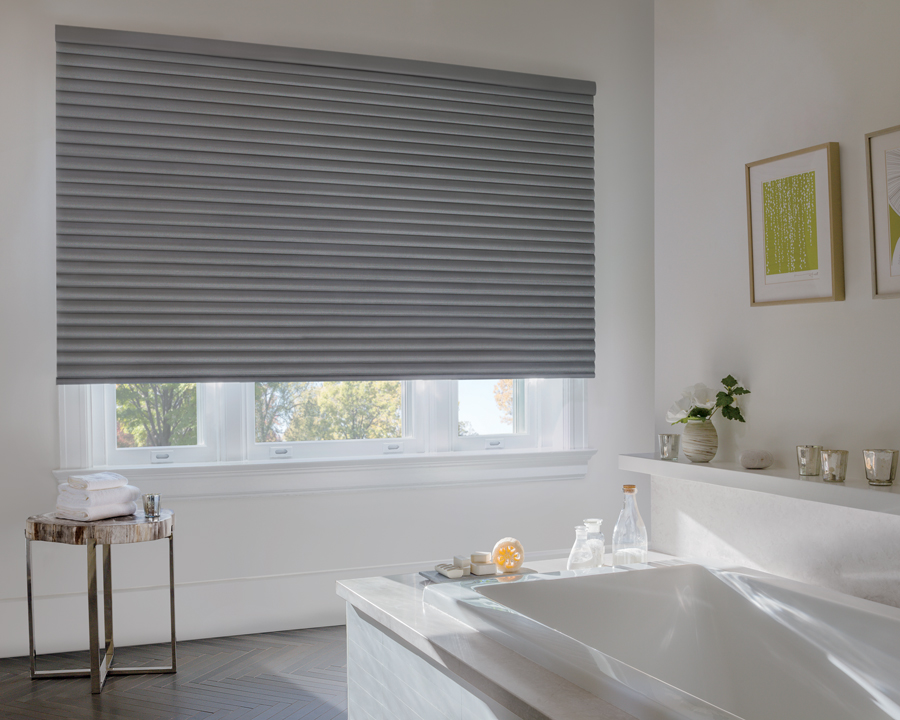 Roller shades for privacy in large bathroom