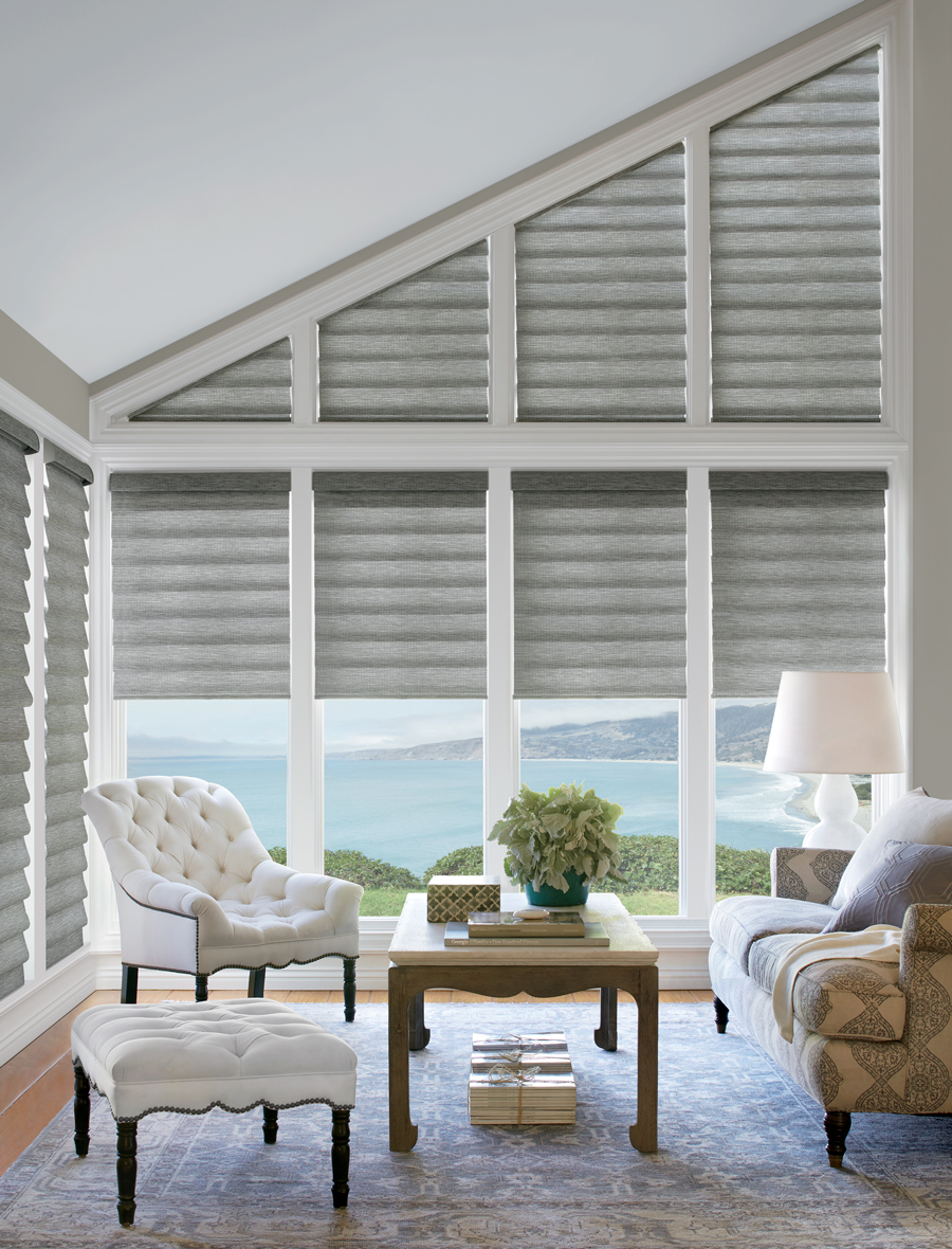 arched windows with gray roman shades in Denver, CO living room