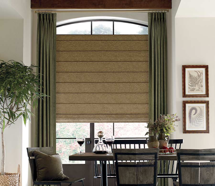 sleek dining room olive window treatments with custom pattern