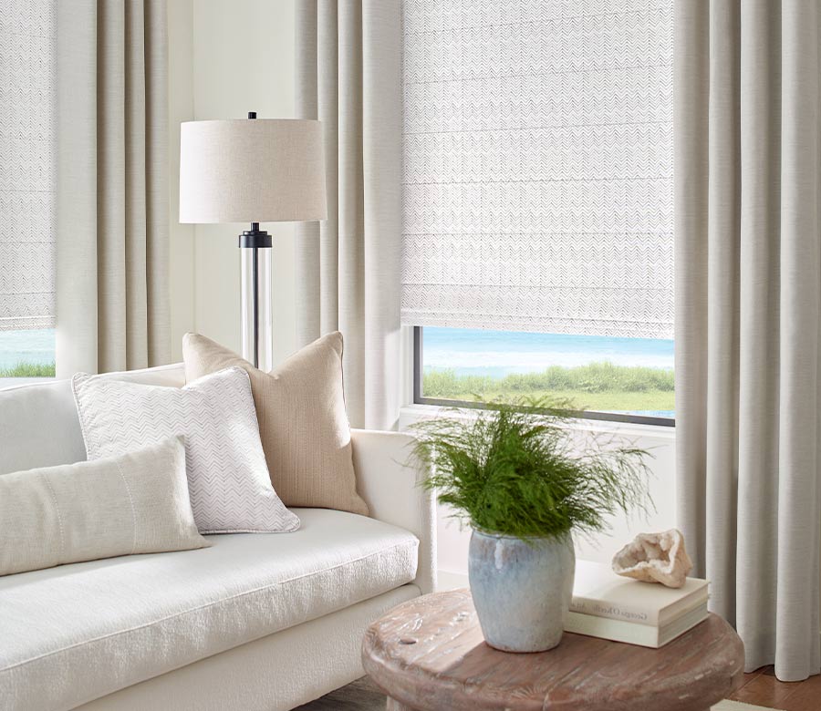 hygge inspired living room with neutral window shades in custom design Reno, NV