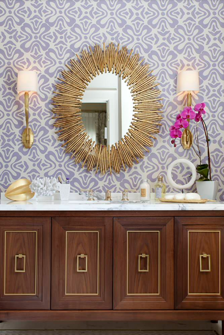 patterned purple wallpaper in fresh bathroom 