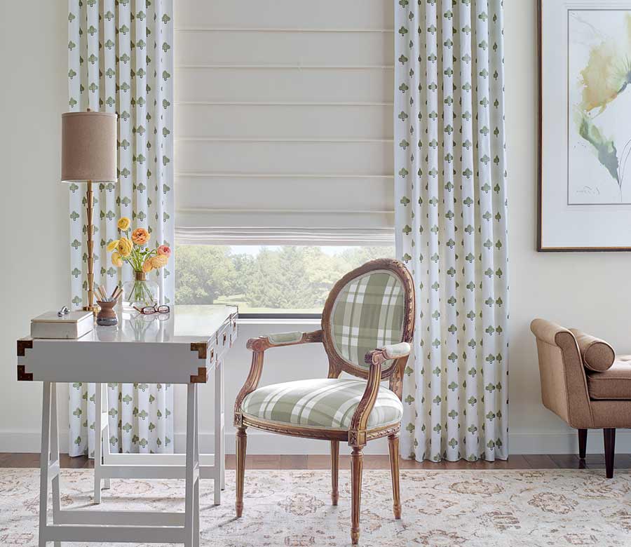 green and white home office space white and green curtains and cream roman shades for light filtering reno, nv