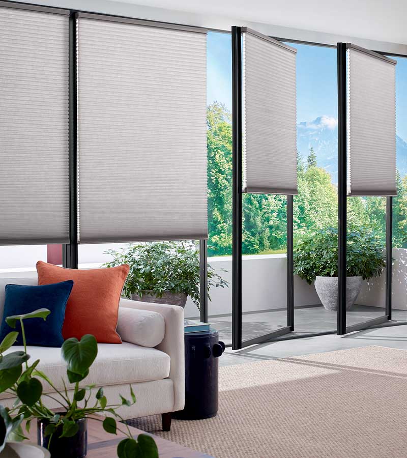 european glass doors overlaid with cellular energy efficient window shadings by Hunter Douglas in Reno, NV