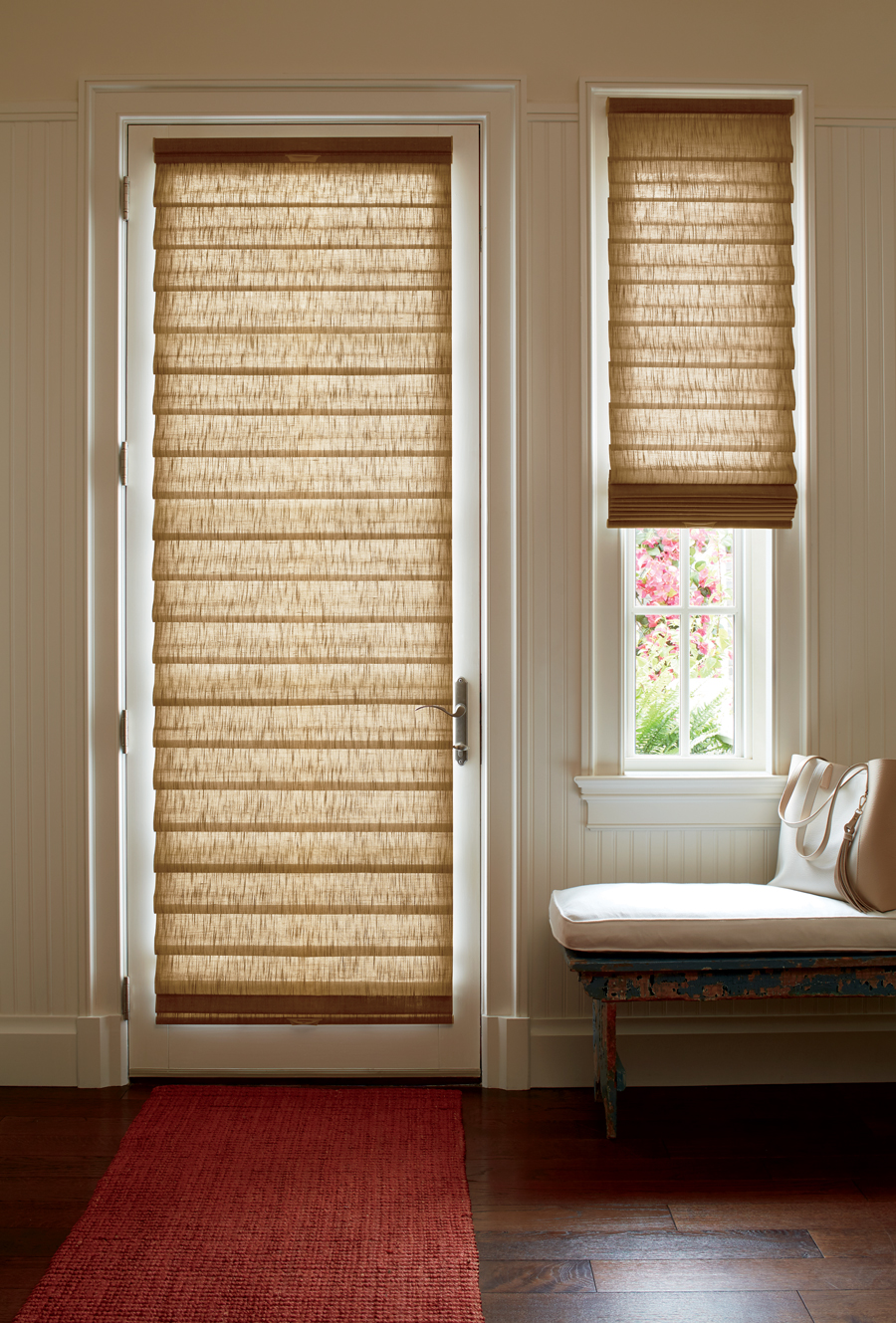 entryway door and sidelights covered with roman shades in Incline Village NV