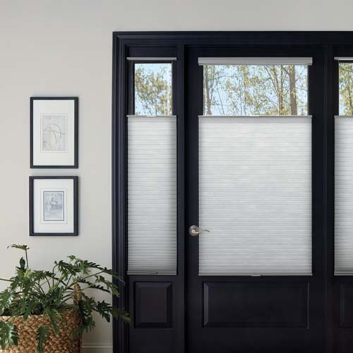 front entryway door with top down cellular shades