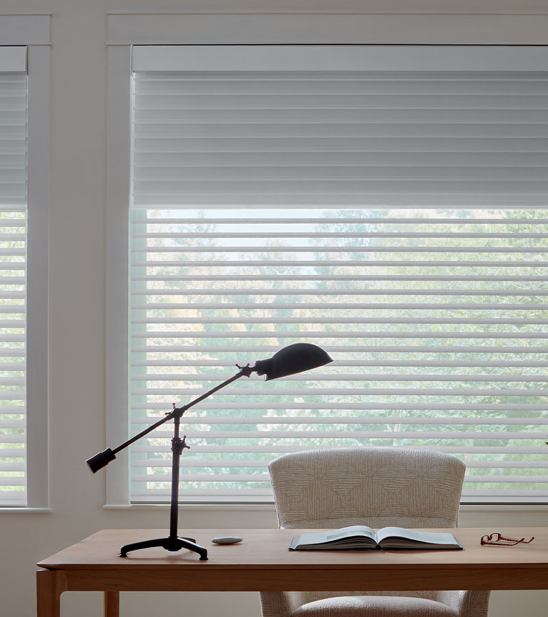 home office window shades for glare reduction in light gray fabric