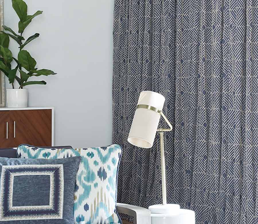 custom drapery curtains in navy blue and white geometric design