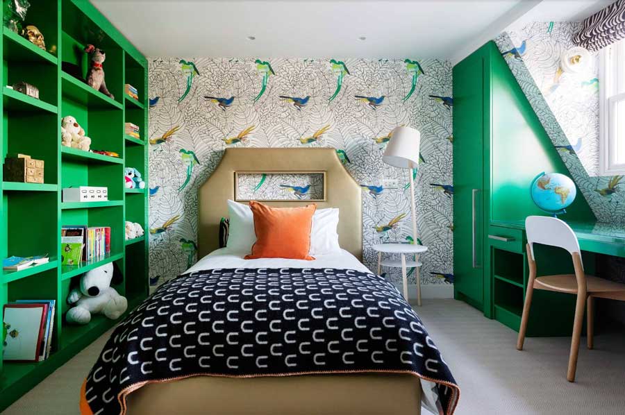 kids room with green accents and wall paper