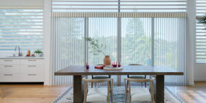 Pirouette-Shades-Luminette-Shades-living-room-window-treatments-large-windows-Blue-Sky-Shutters-and-Shades Pirouette® shades on living room windows with Luminette® Privacy Sheers covering sliding glass doors