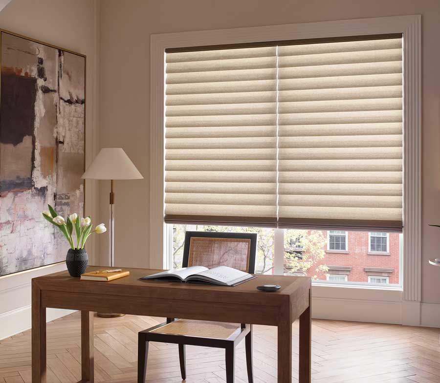 modern roman shades behind desk for home office window treatments