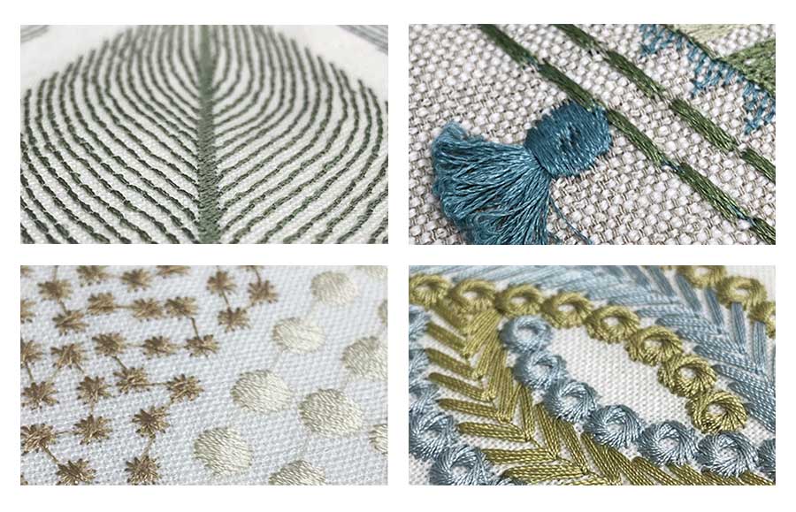 details of fabrics and embroidery designs in gray, blue and green thread