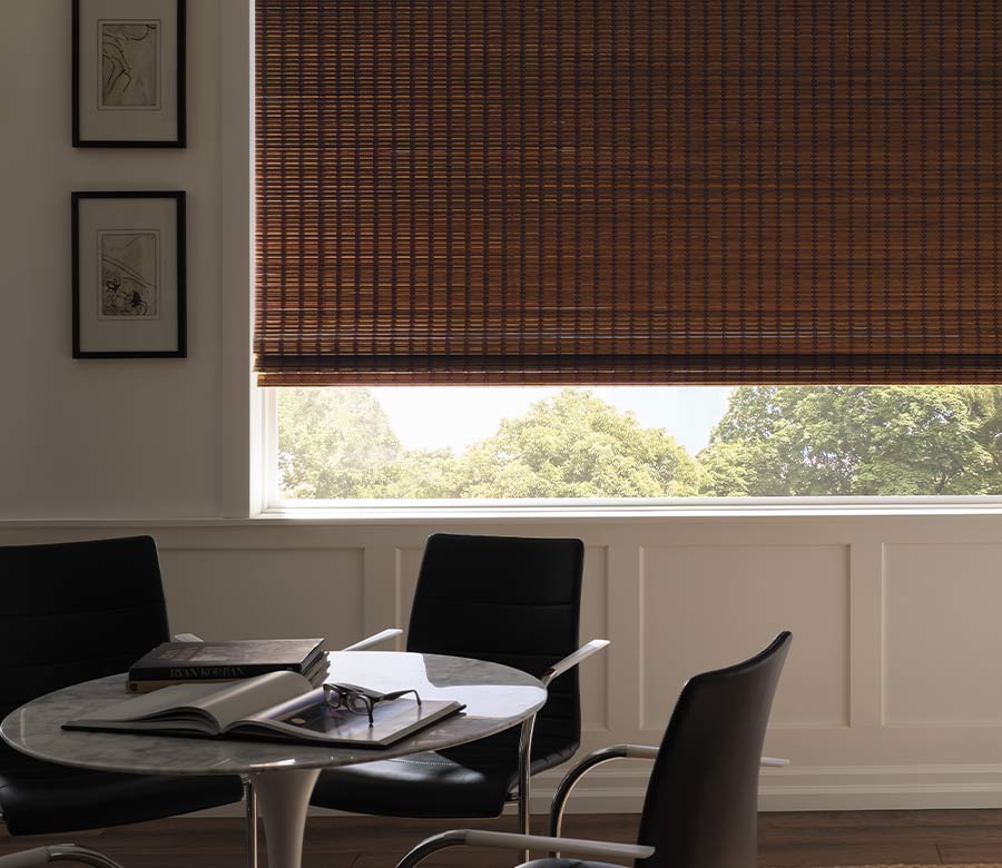 breakfast nook with neutral dual woven wood shades room darkening reno